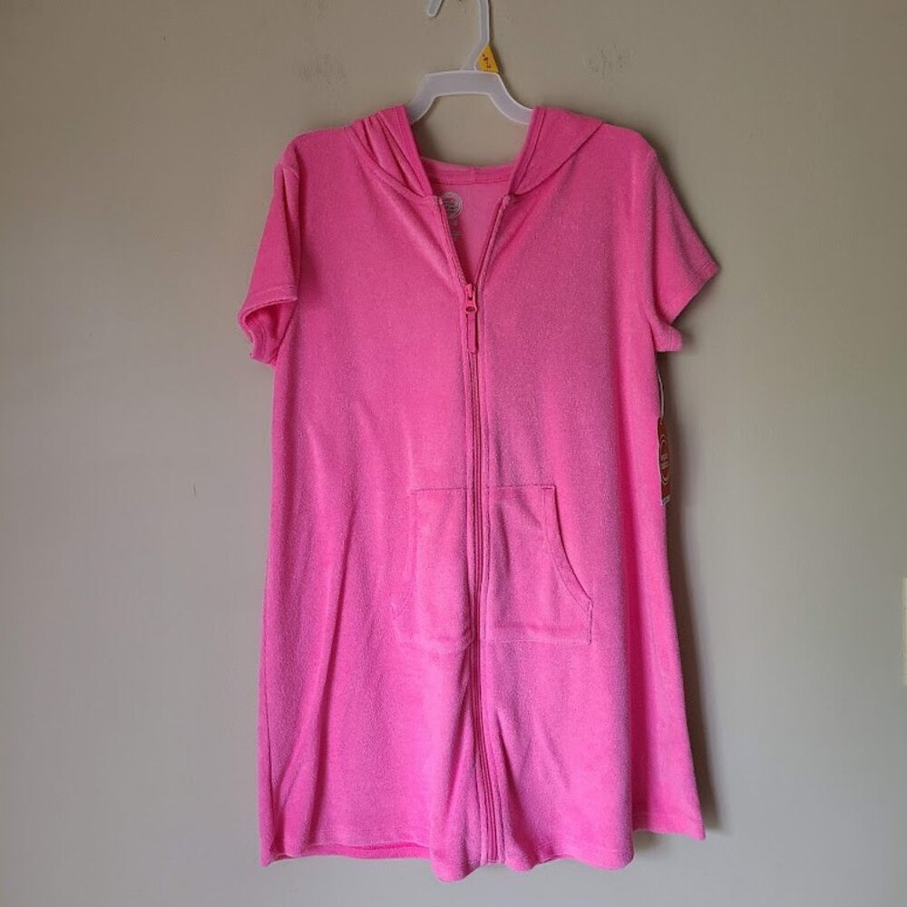 Wonder Nation Girls Terry Toweling Hooded Zip Swimsuit Coverup, Size L(10/12)